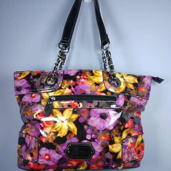 Ellen Tracy Handbags - Colorful Tote Shoulder Bag Floral Faux Patent Chain Strap Floral Black Purple